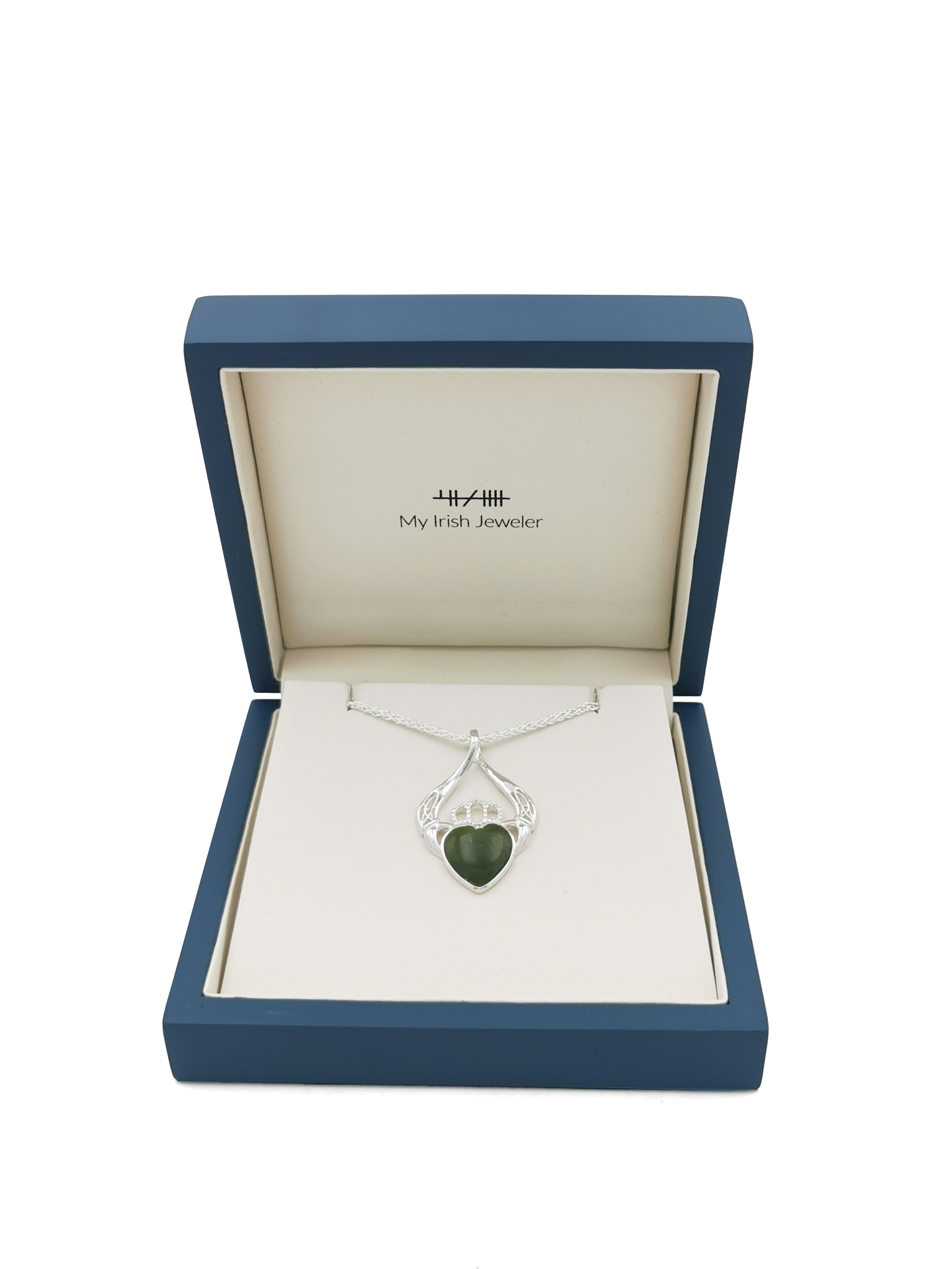 Genuine Sterling Silver Claddagh & Connemara Marble Necklace For Women. In Luxury Packaging.