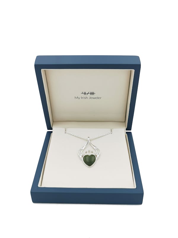 Genuine Sterling Silver Claddagh & Connemara Marble Necklace For Women. In Luxury Packaging.