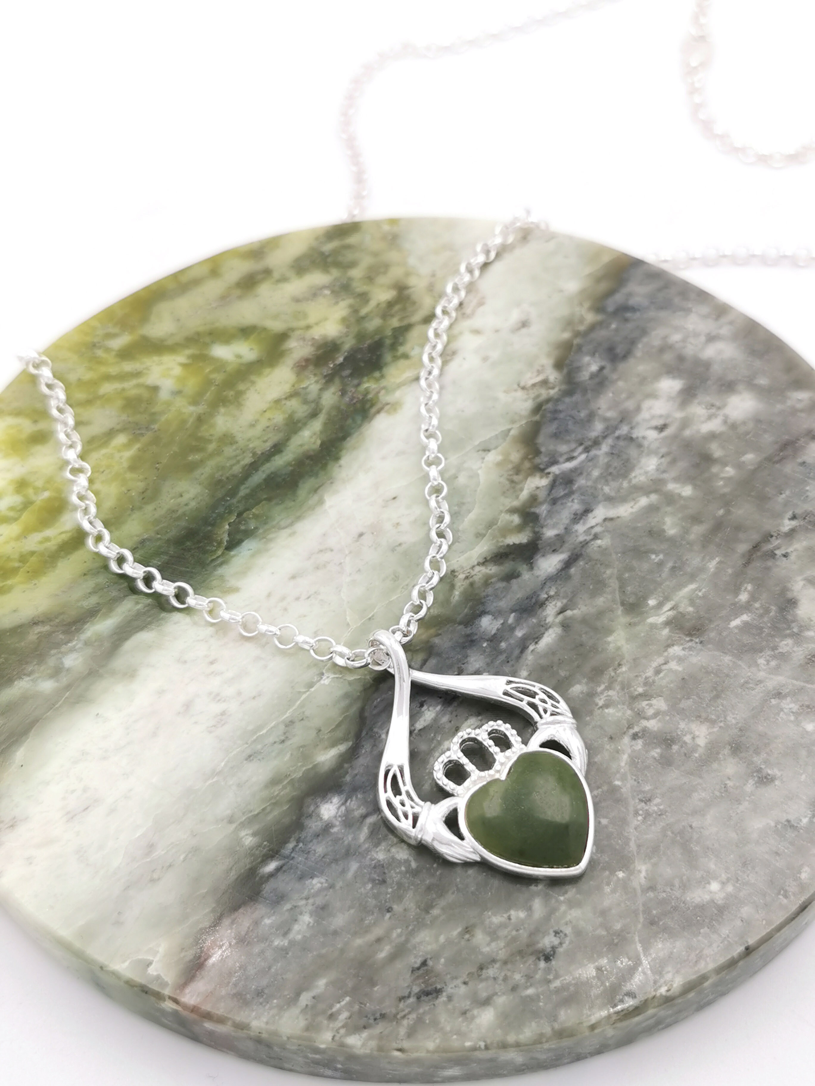 Claddagh & Connemara Marble - Shown on Classic Rolo Chain
