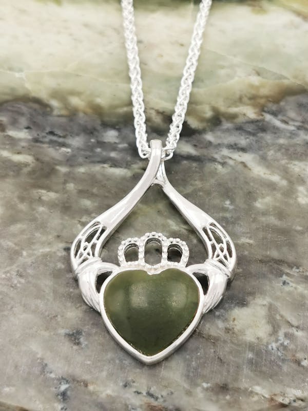 Large Gorgeous Sterling Silver Claddagh & Connemara Marble Necklace For Women