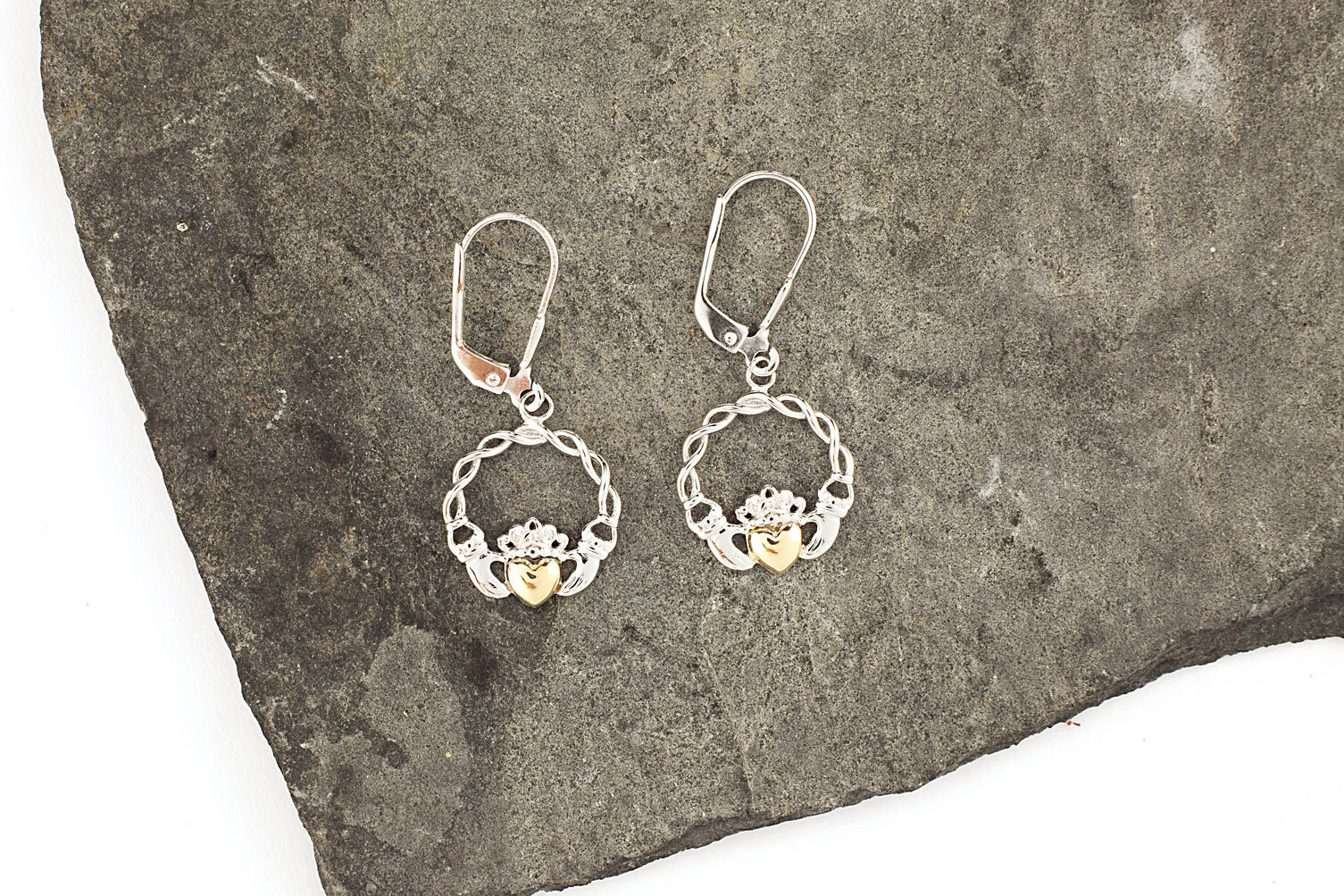 Gorgeous Sterling Silver & 10K Yellow Gold Claddagh Earrings For Women