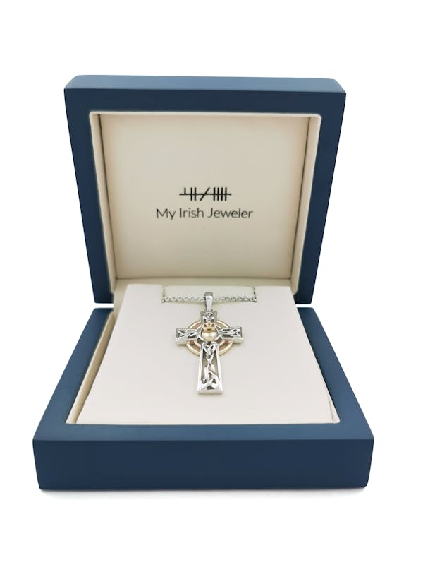 Womens Celtic Cross & Claddagh Necklace in Real Sterling Silver & Yellow Gold. In Luxury Packaging.