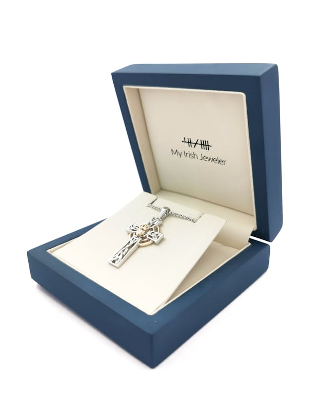 Irish Sterling Silver & Yellow Gold Celtic Cross & Claddagh Necklace For Women. In Luxury Packaging.