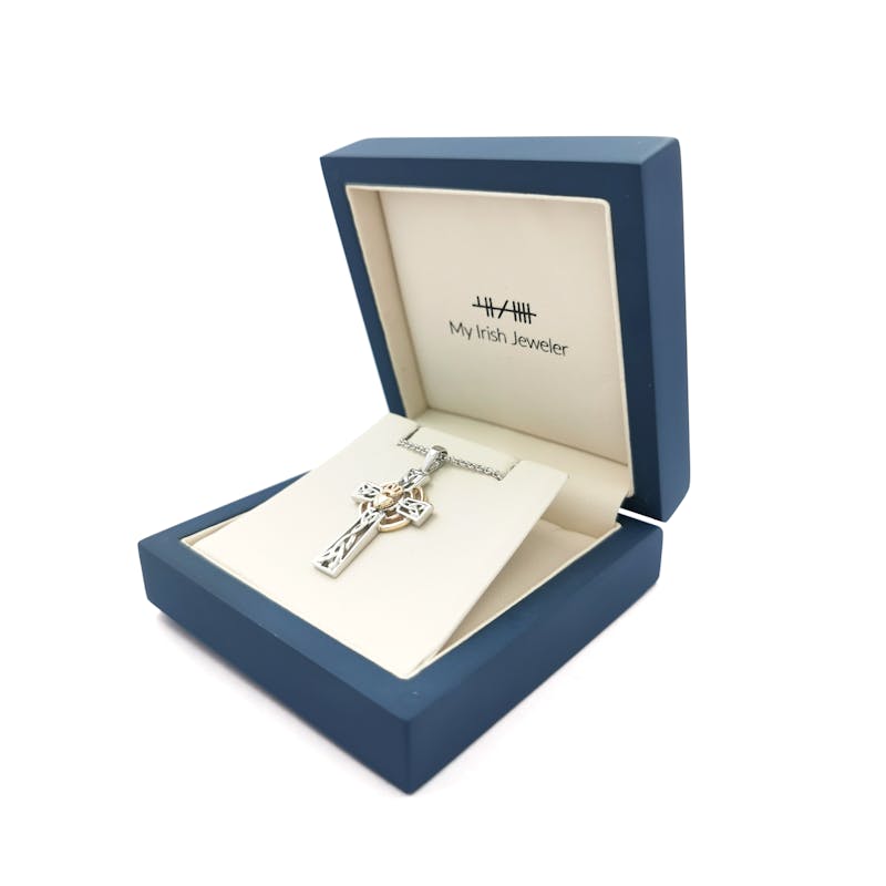 Irish Sterling Silver & Yellow Gold Celtic Cross & Claddagh Necklace For Women. In Luxury Packaging.