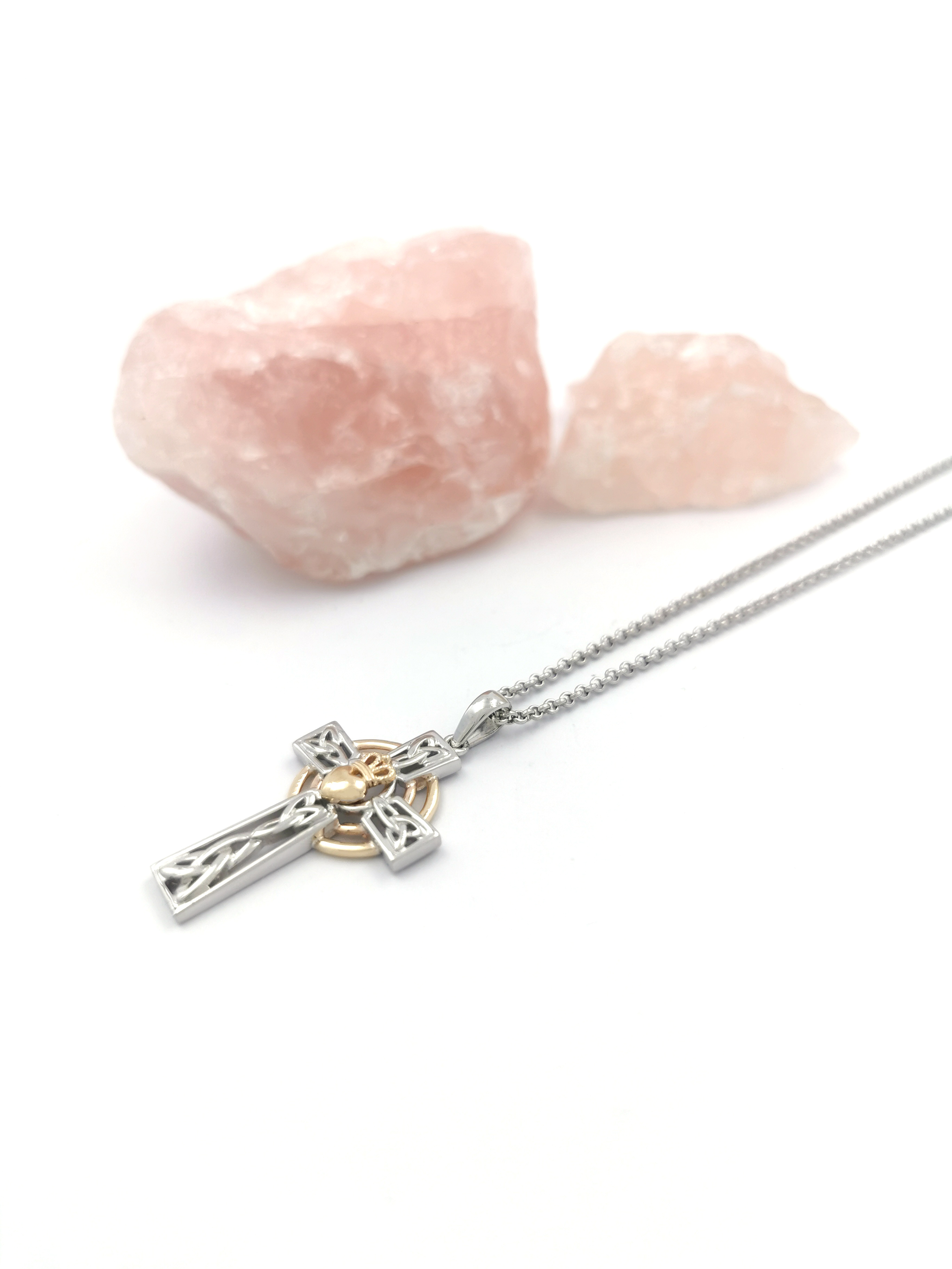 Genuine Sterling Silver & Yellow Gold Celtic Cross & Claddagh Necklace For Women
