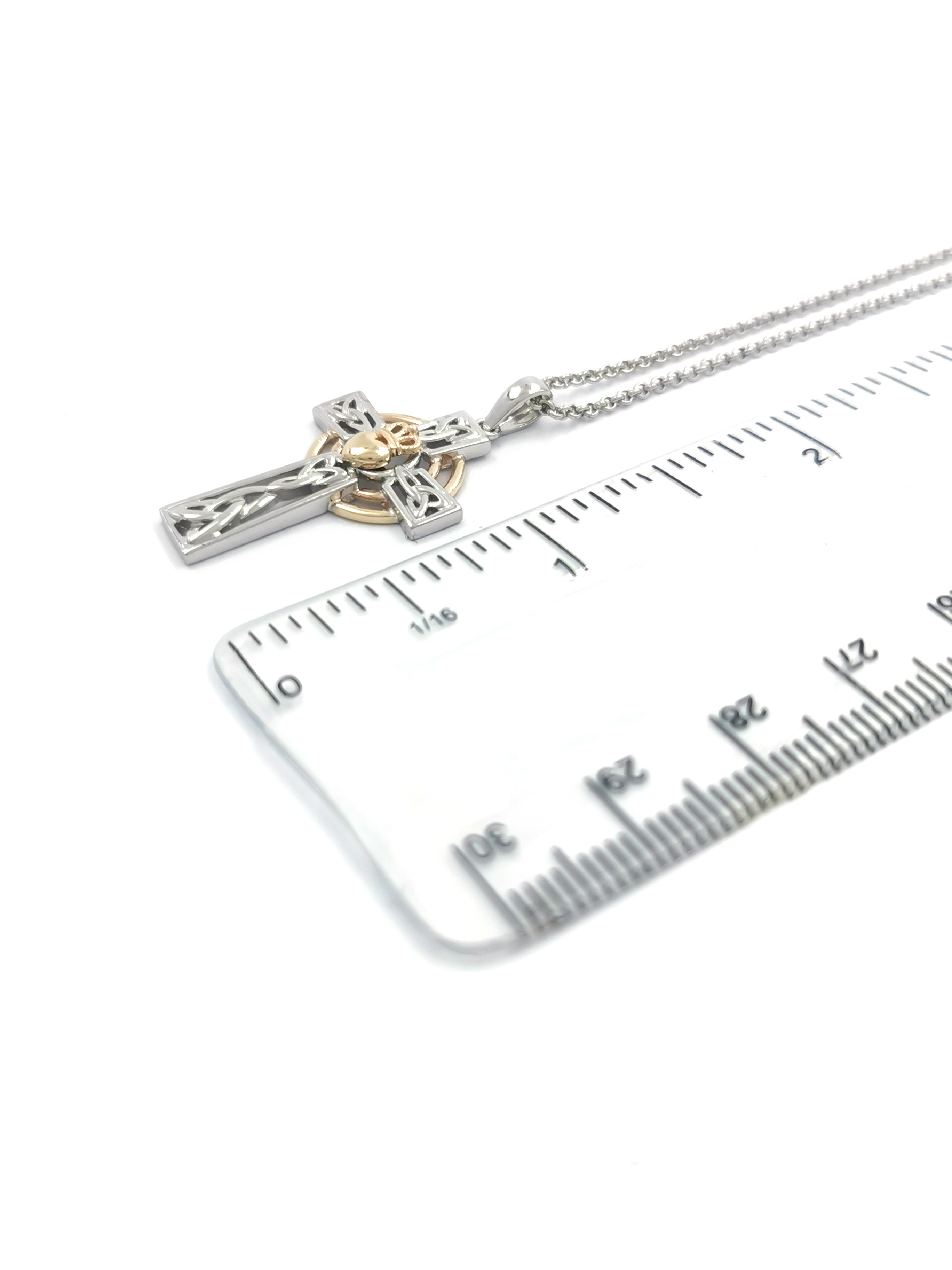 Womens Celtic Cross Necklace in Sterling Silver & Yellow Gold. Picture For Scale.