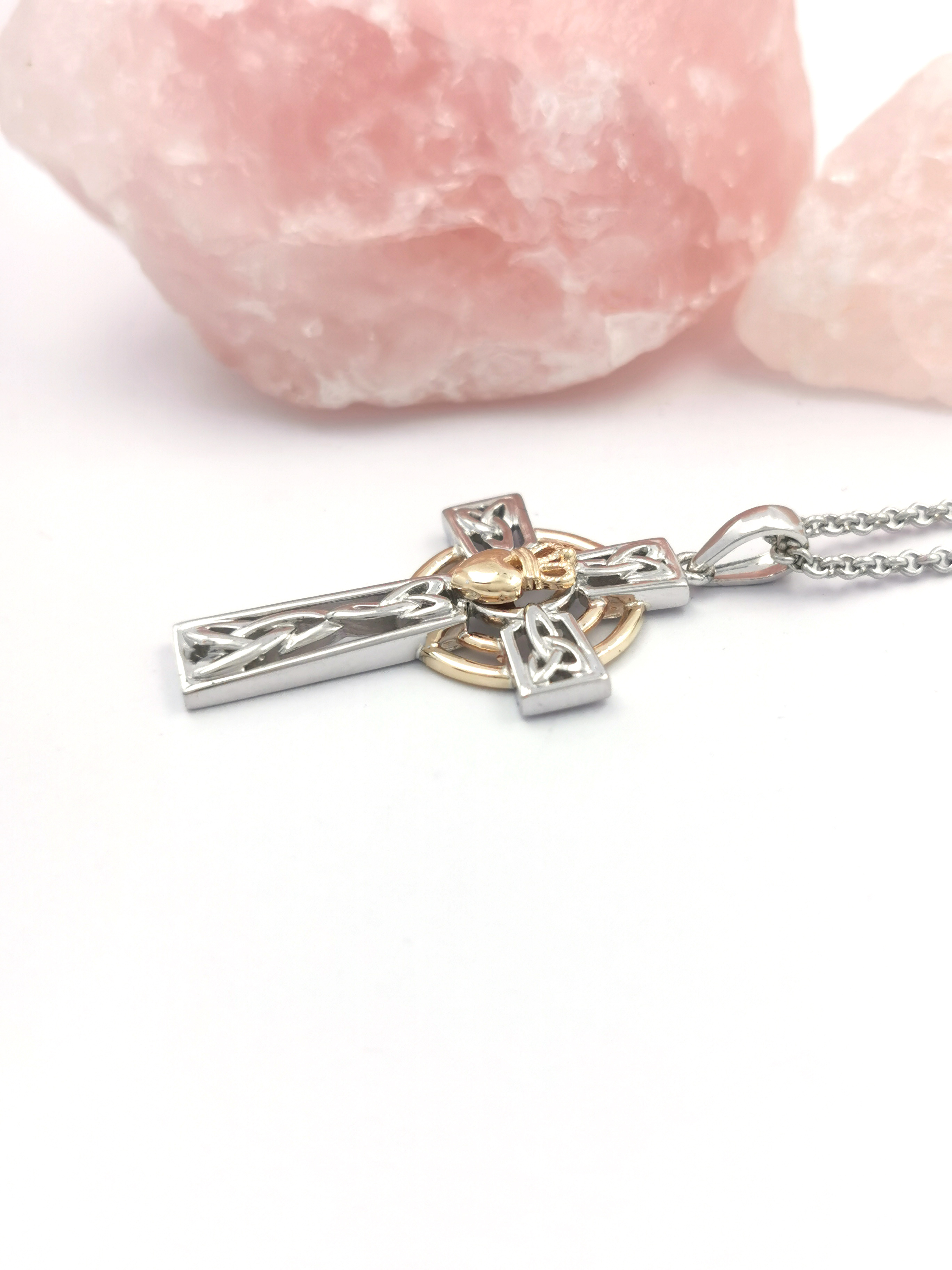 Claddagh Celtic Cross Necklace From Ireland My Irish Jeweler   Sterling Silver  10K Gold Claddagh Celtic Cross Necklace Side 