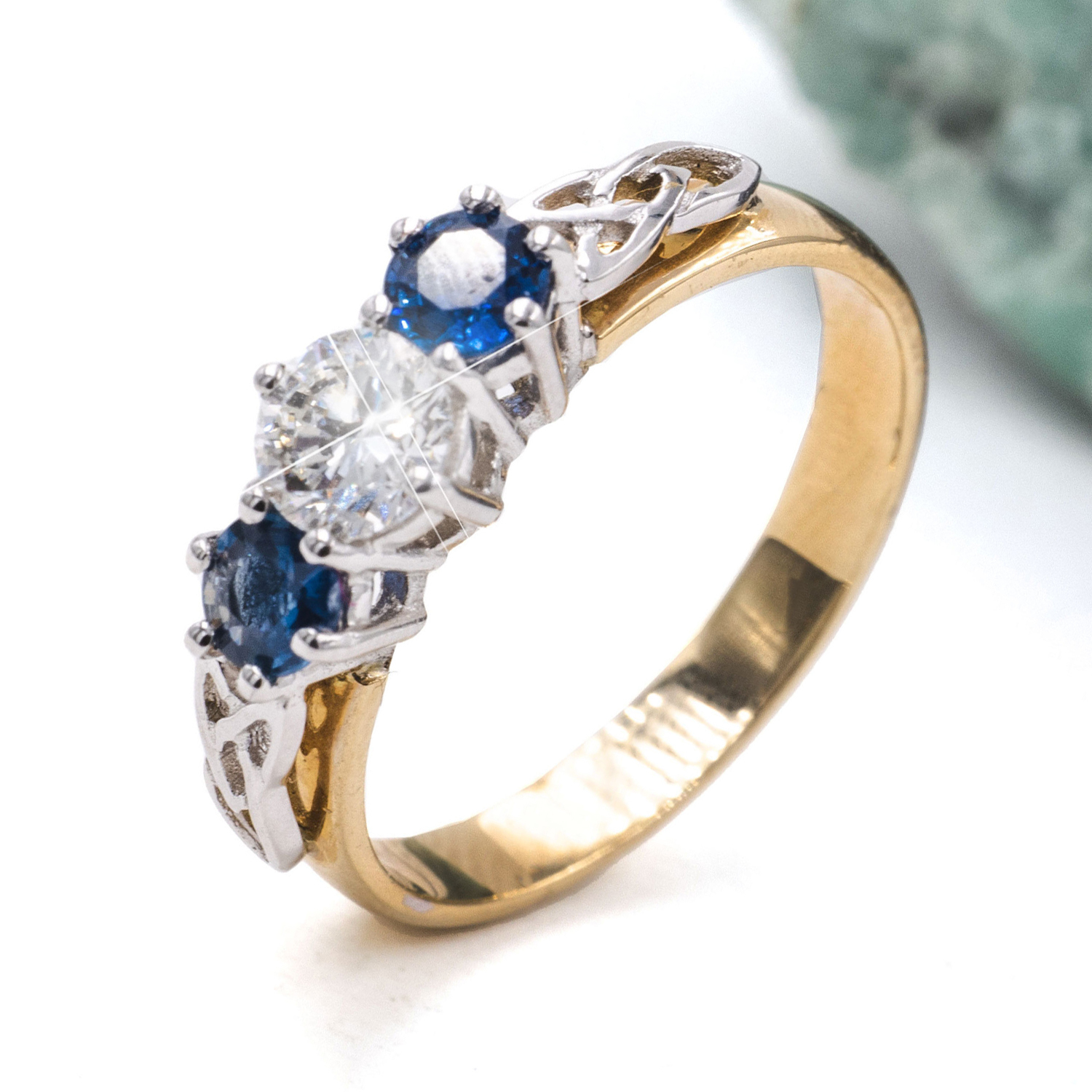 Diamond and Sapphire Three Stone Trinity Knot Engagement Ring