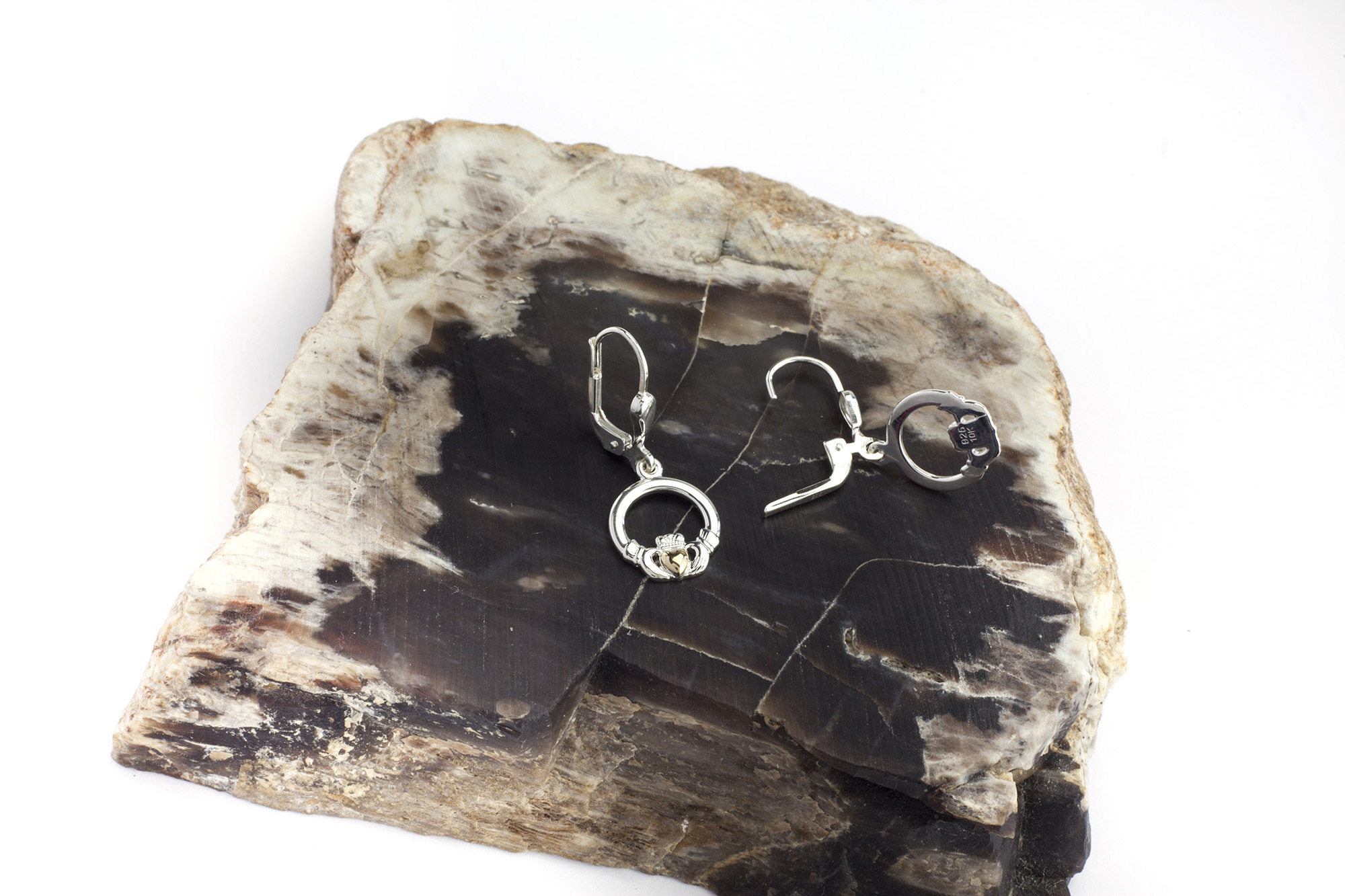 Attractive Sterling Silver & 10K Yellow Gold Claddagh Earrings For Women. Side View.