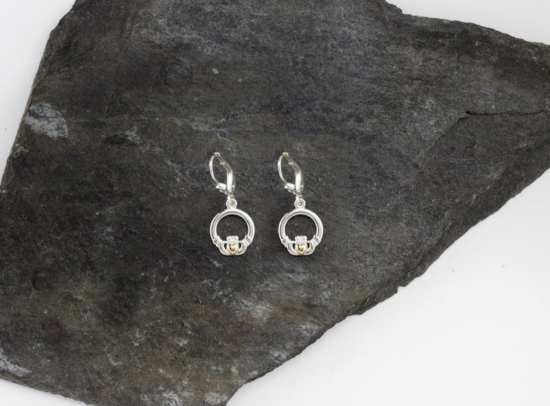 Womens Authentic Sterling Silver & 10K Yellow Gold Claddagh Earrings