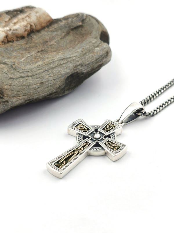Mens Gorgeous Sterling Silver & 10K Yellow Gold Celtic Cross & Trinity Knot Necklace. Pictured Flat.
