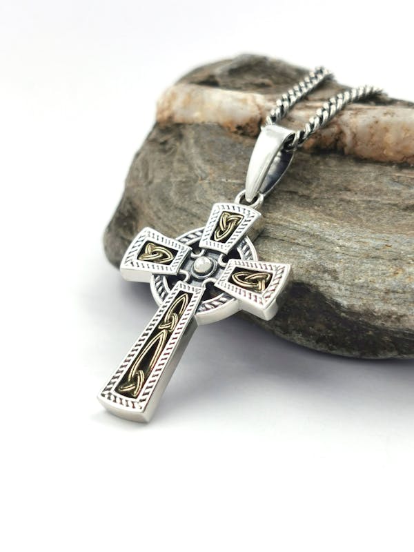Striking Sterling Silver & 10K Yellow Gold Celtic Cross & Trinity Knot Necklace For Men