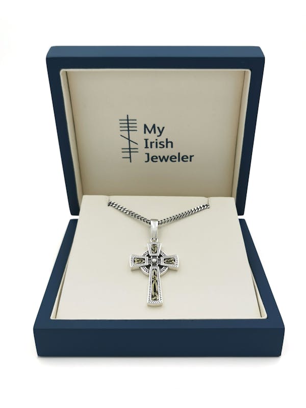 Mens Sterling Silver & 10K Yellow Gold Celtic Cross Necklace. In Luxury Packaging.