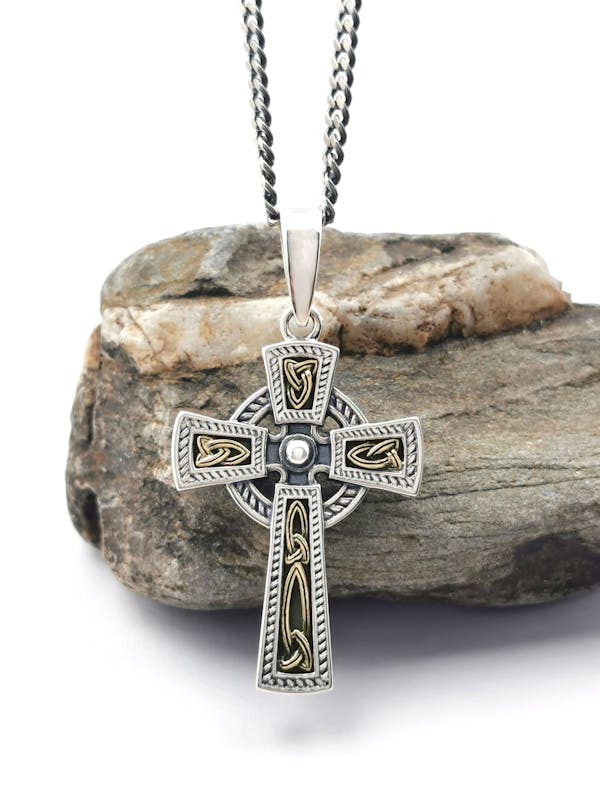 Authentic Sterling Silver & 10K Yellow Gold Celtic Cross Necklace For Men