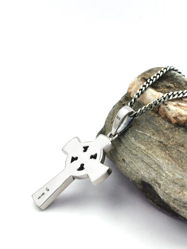 Striking Sterling Silver & 10K Yellow Gold Celtic Cross & Trinity Knot Necklace For Men. Picture Of The Reverse Side.