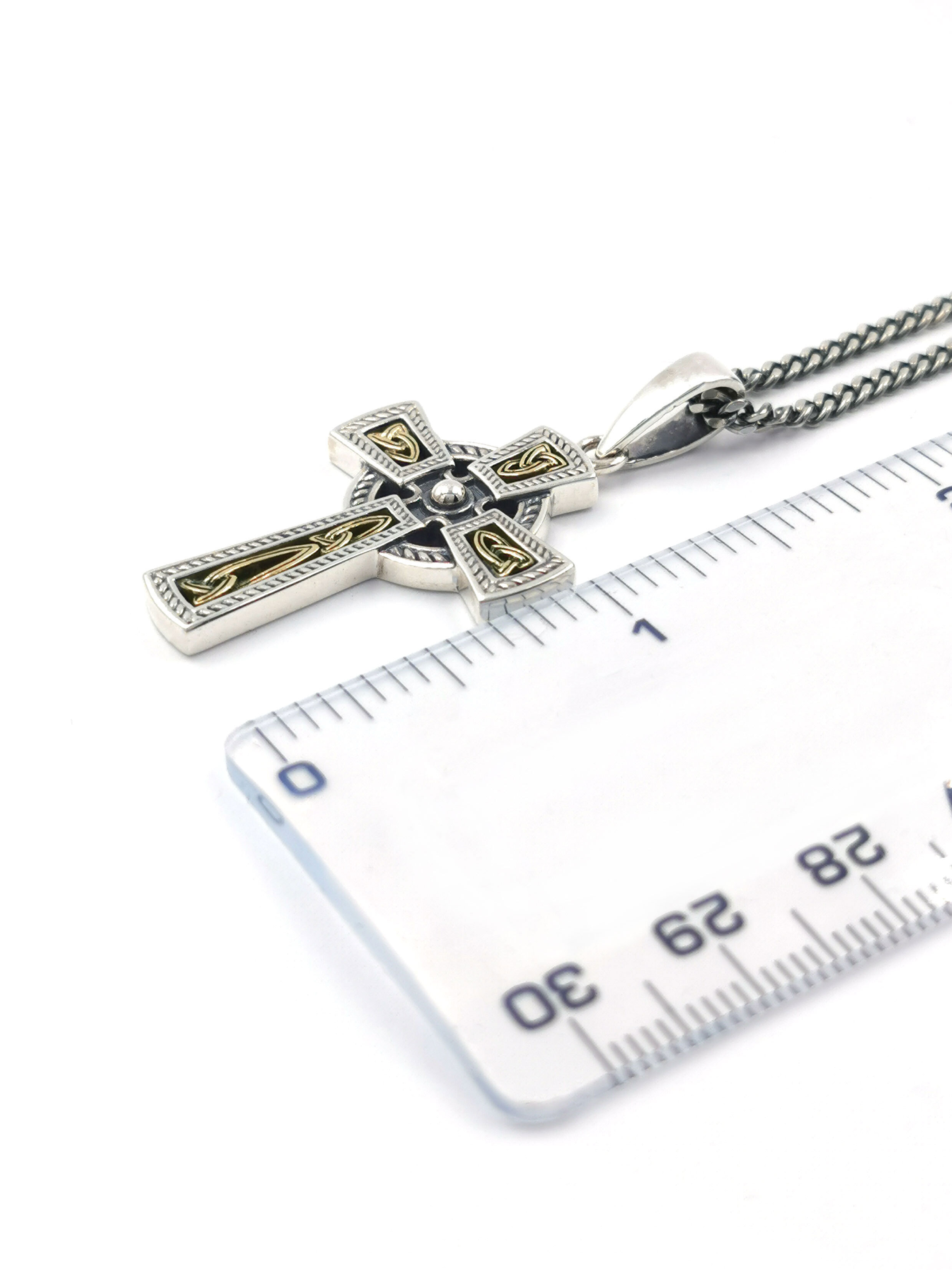 Mens Sterling Silver & 10K Yellow Gold Celtic Cross & Trinity Knot Necklace. Picture For Scale.
