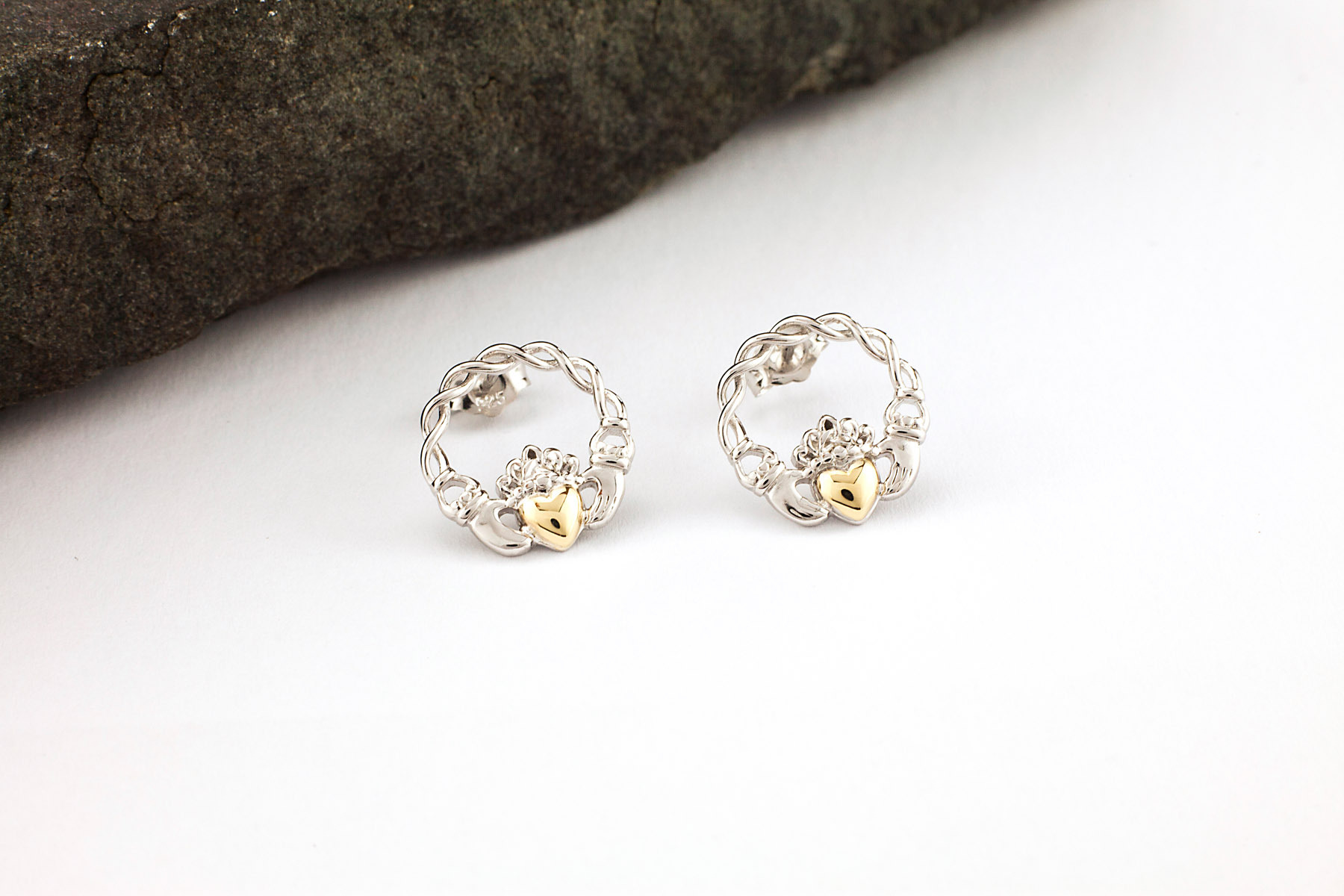Womens Claddagh Earrings in Sterling Silver & 10K Yellow Gold