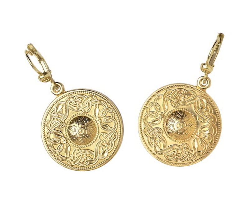 Large Real Yellow Gold Celtic Warrior & Celtic Knot Earrings For Women