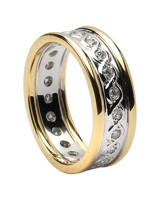 Mens Celtic Knot 7.5mm Ring in Real 14K White Gold & Yellow Gold