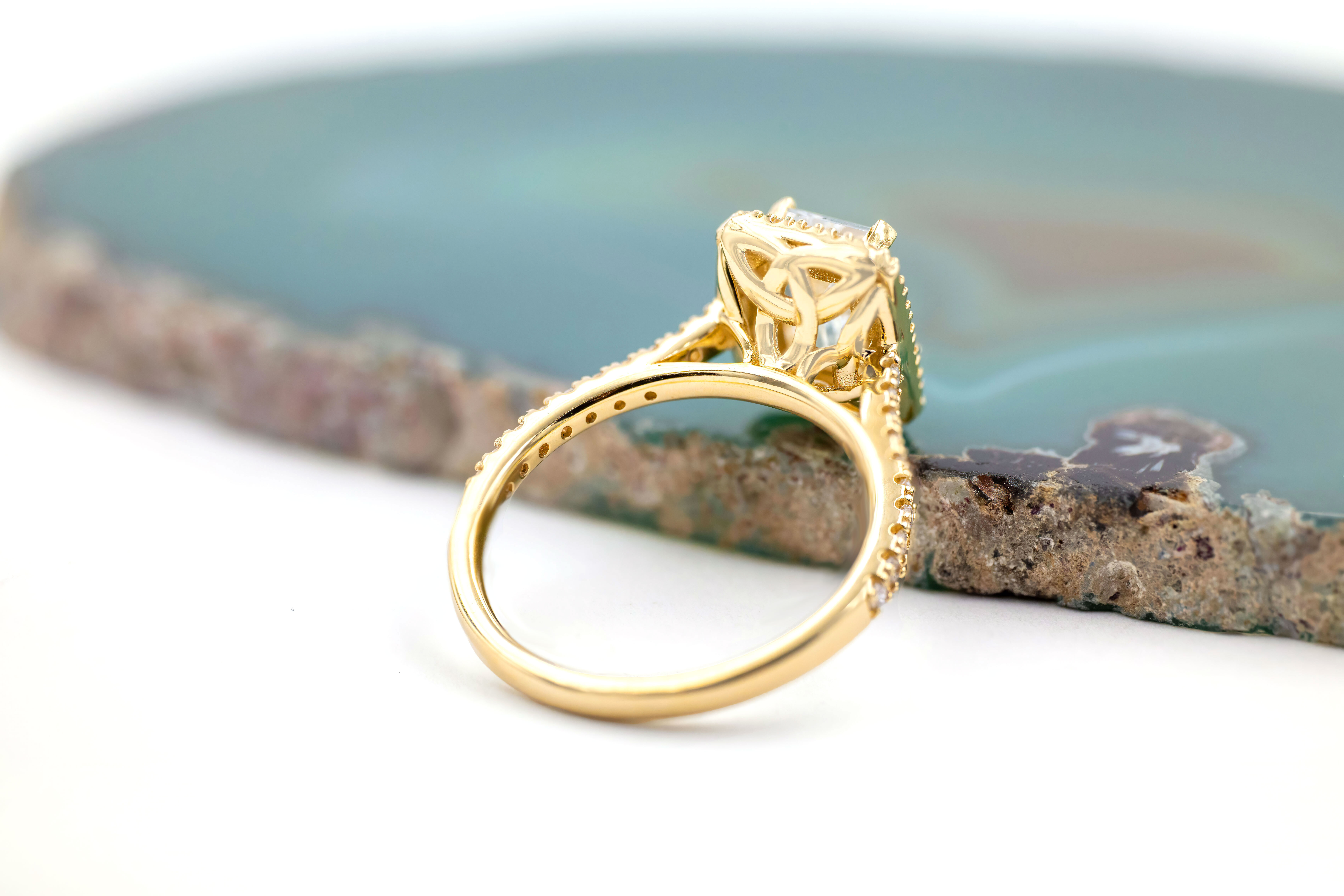 Womens Trinity Knot 2.00ct Lab Grown Diamond Ring in Real Yellow Gold. Side View.