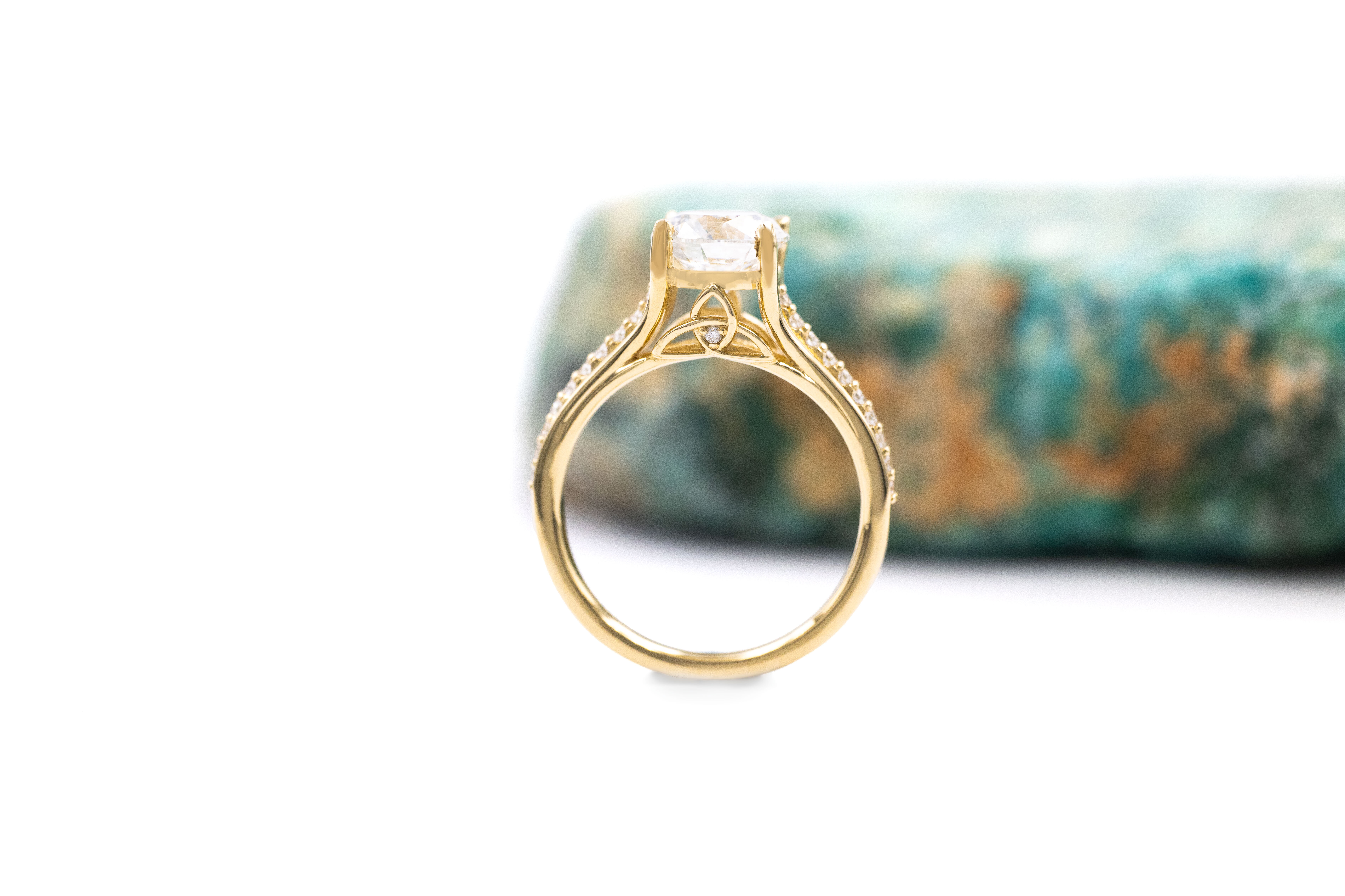 Womens Trinity Knot 2.00ct Lab Grown Diamond Ring in 14K Yellow Gold With a Polished Finish. Side View.
