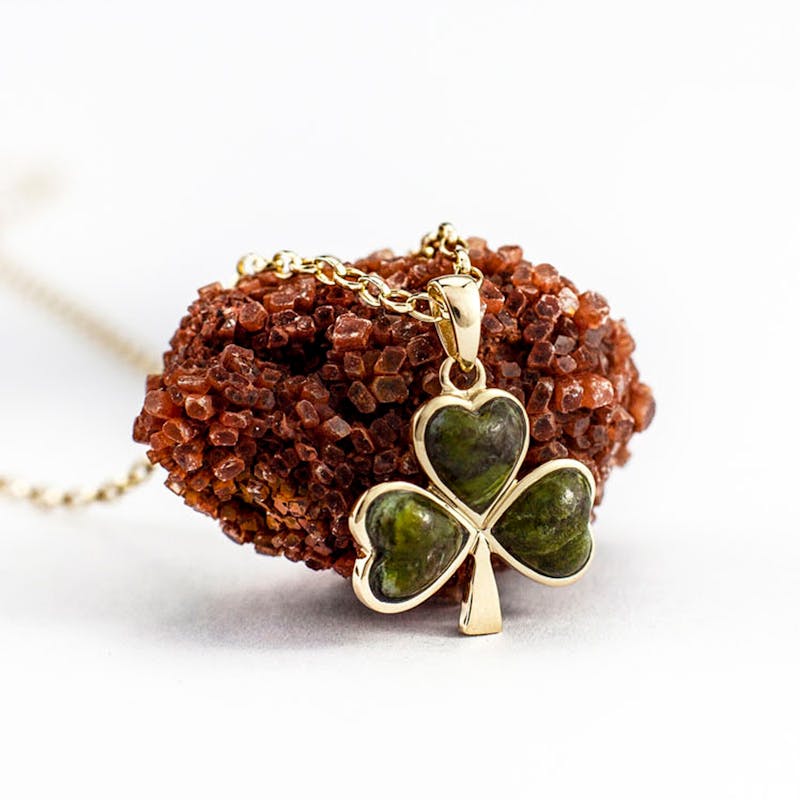 14k Gold Connemara Marble Shamrock Charm Pendant Made In Ireland