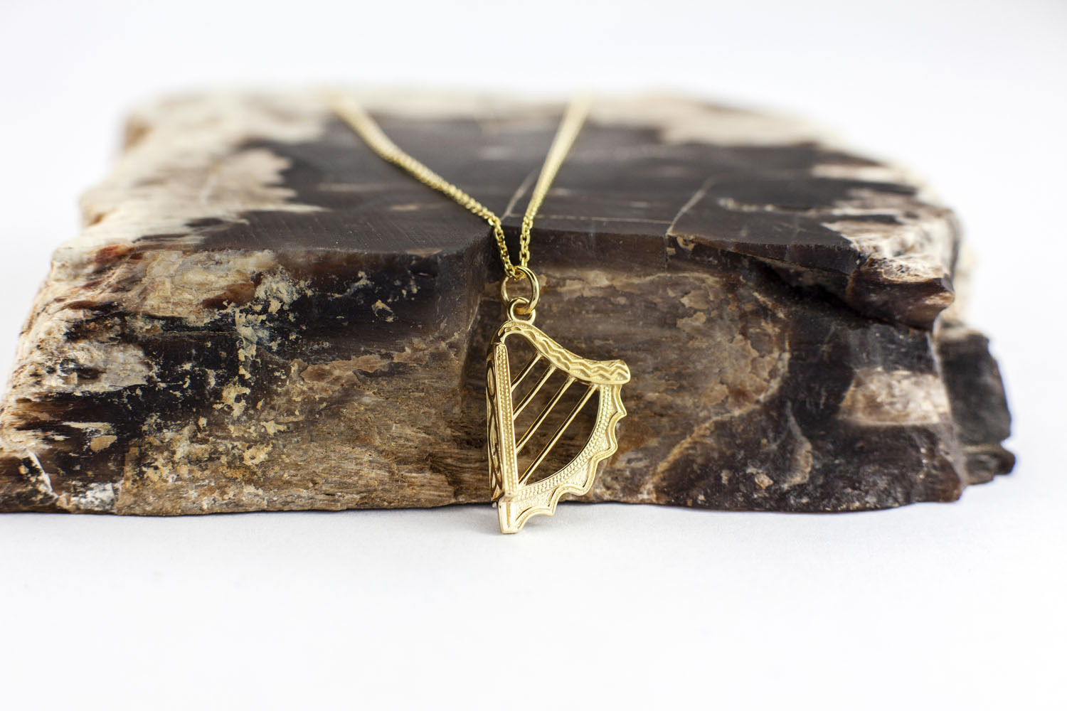 Striking Yellow Gold Irish Harp Necklace For Men