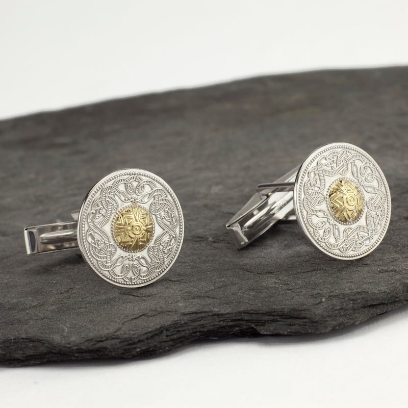 Large Gorgeous Sterling Silver & Yellow Gold Celtic Knot & Celtic Warrior Cufflinks For Men