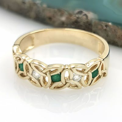 14k Trinity Knot Ring with Emeralds and Diamonds
