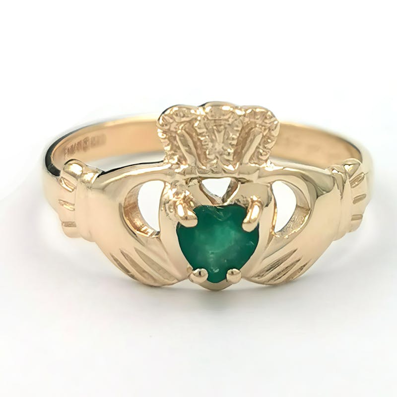 14K Gold Emerald Heart Claddagh Ring