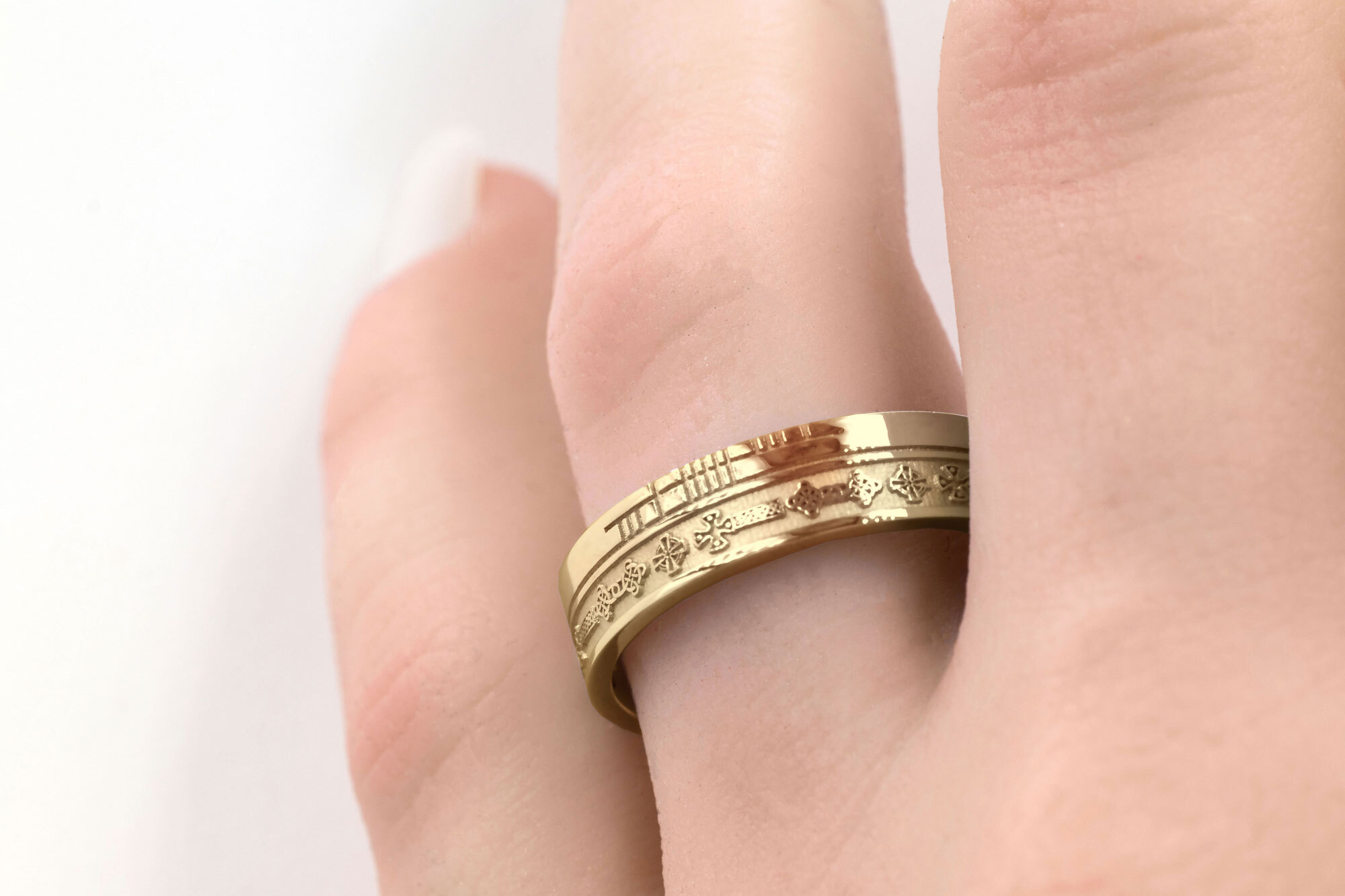 Irish Yellow Gold Celtic Cross 5.2mm Ring With a Florentine Finish - Model Photo