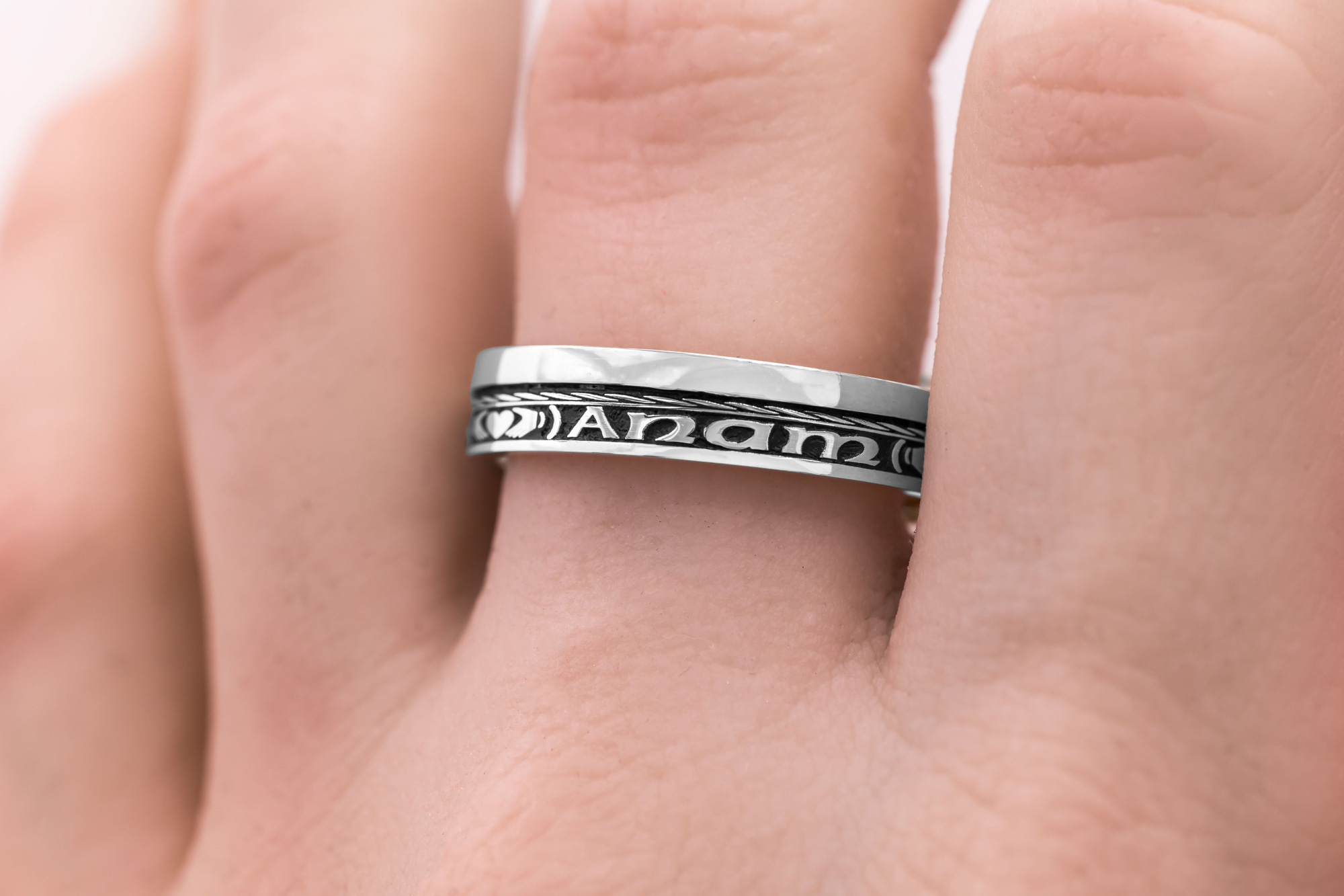 Real Sterling Silver Mo Anam Cara & Gaelic Wedding Ring With a Oxidized Finish - Model Photo