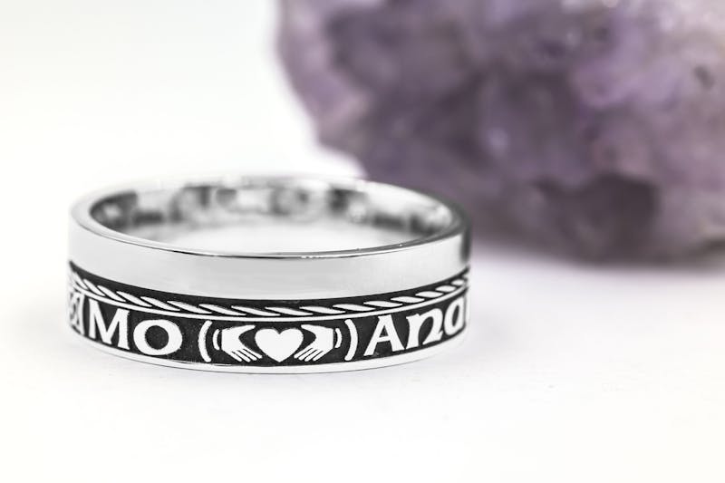 Mo Anam Cara & Gaelic Wedding Ring in Sterling Silver With a Oxidized Finish