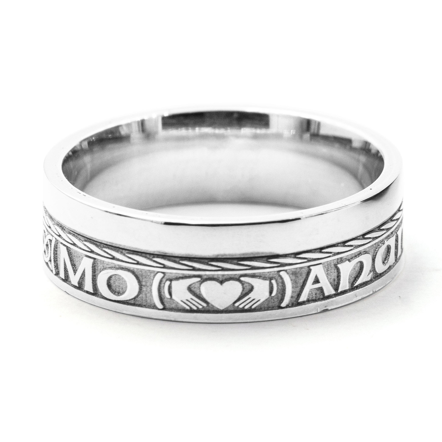 Authentic White Gold Mo Anam Cara 7.3mm Ring With a Florentine Finish