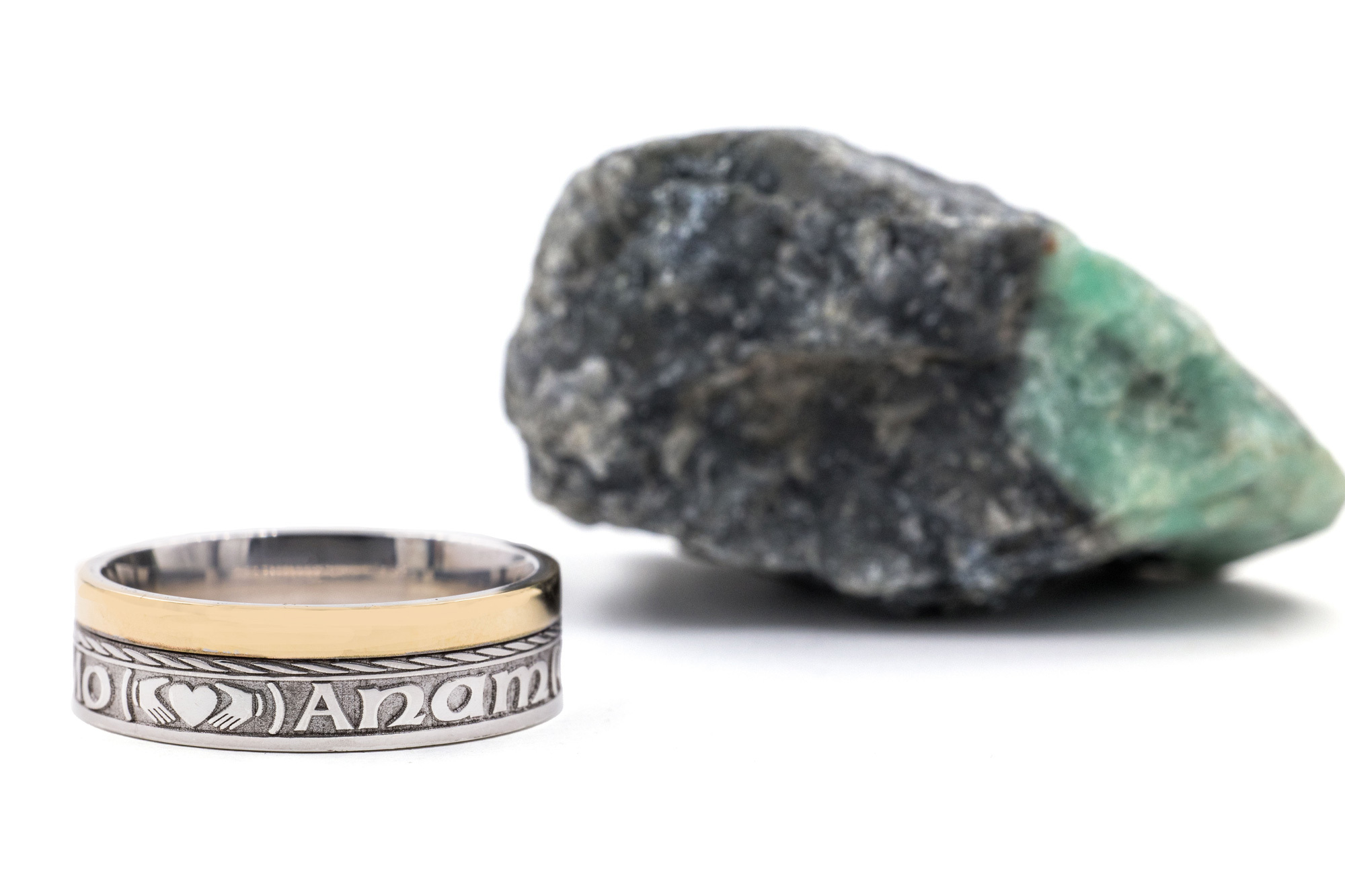 Mo Anam Cara & Gaelic 7.3mm Ring in 14K White Gold & Yellow Gold With a Florentine Finish