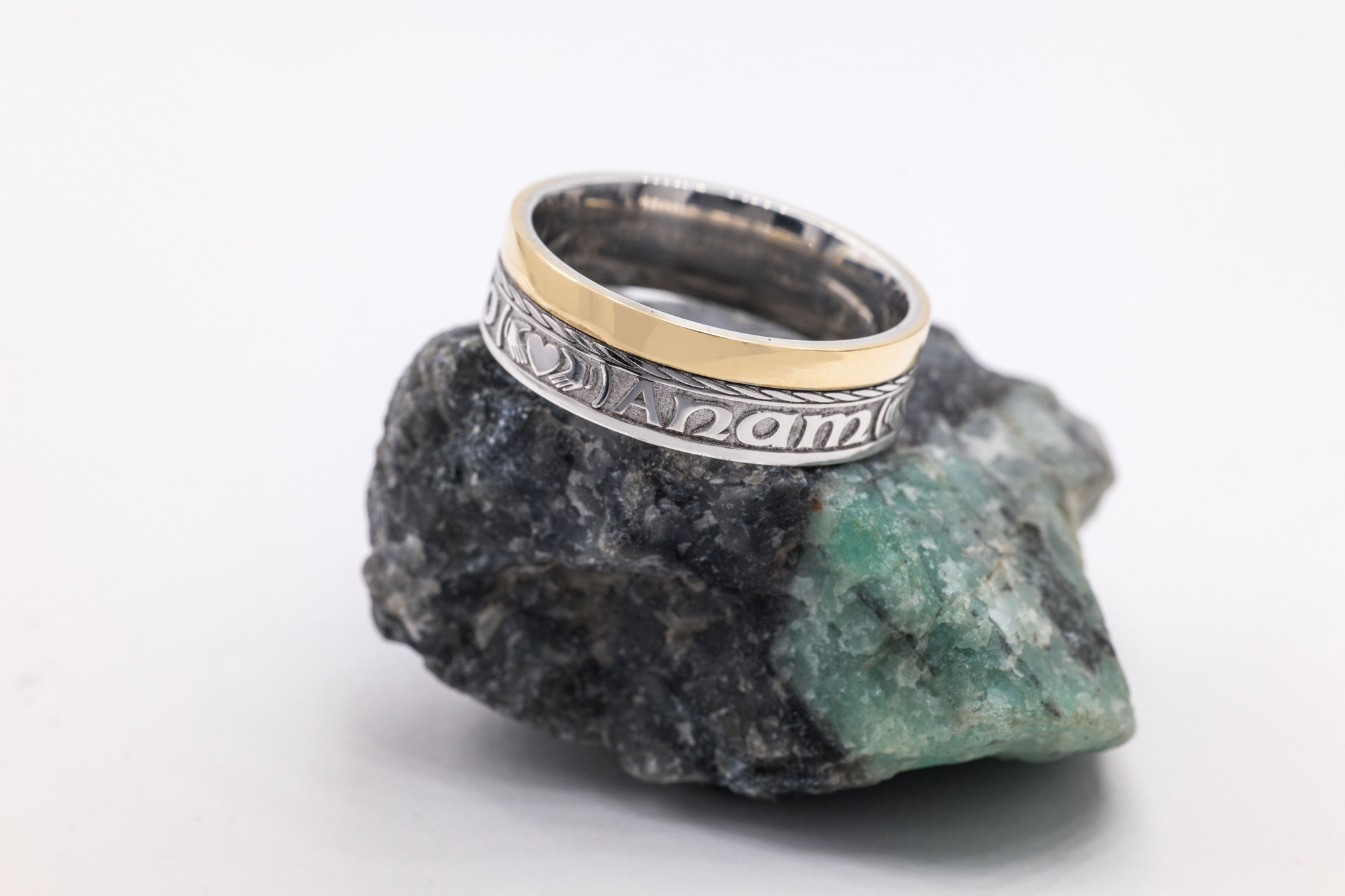 Real White Gold & Yellow Gold Mo Anam Cara & Gaelic 7.3mm Ring With a Florentine Finish