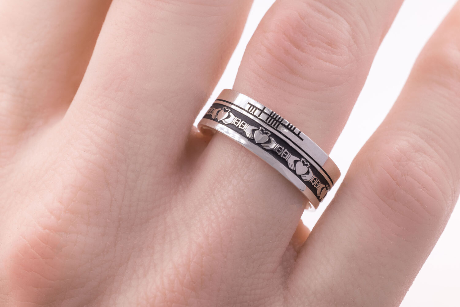 Oxidised Ogham 7.3mm Ring in Real Sterling Silver - Model Photo