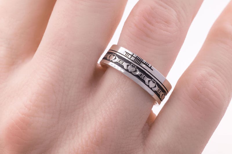 Oxidized Sterling Silver Ogham & Claddagh 7.3mm Ring - Model Photo