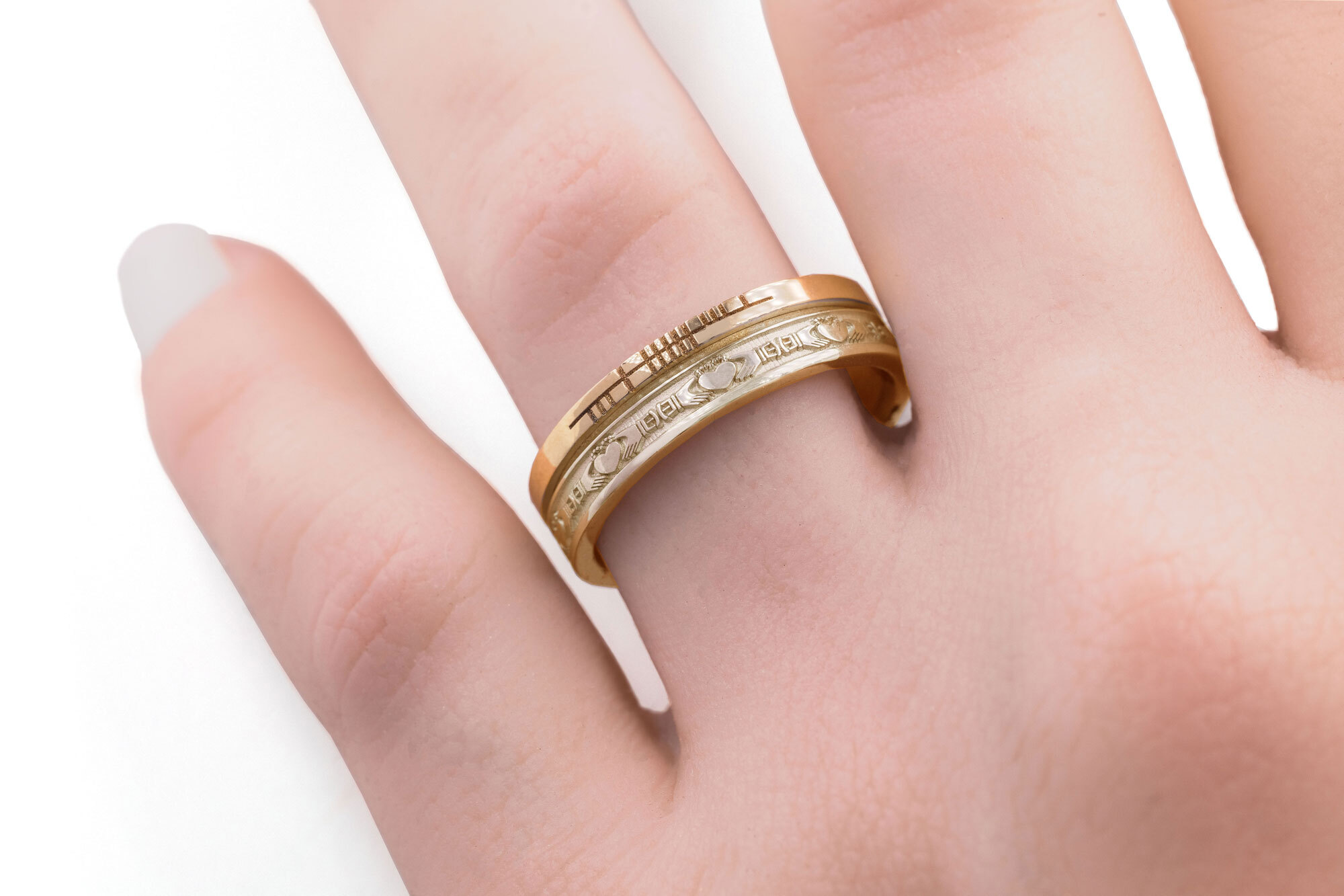 Florentine Yellow Gold Ogham & Claddagh 7.3mm Ring - Model Photo