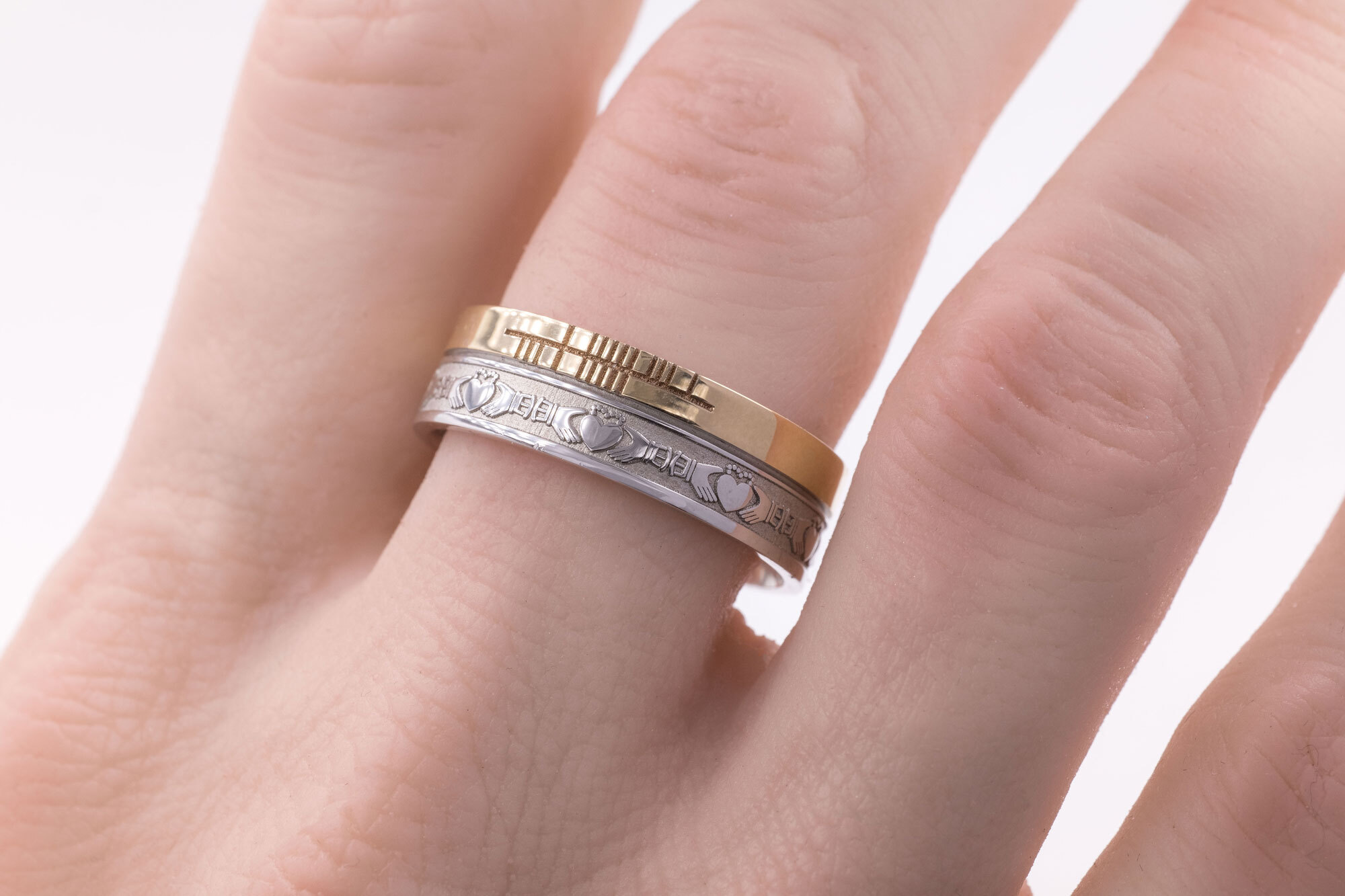 Florentine 10K White Gold & Yellow Gold Ogham & Claddagh 7.3mm Ring - Model Photo