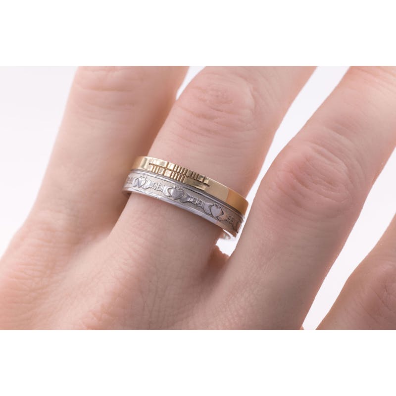 Florentine 10K White Gold & Yellow Gold Ogham & Claddagh 7.3mm Ring - Model Photo
