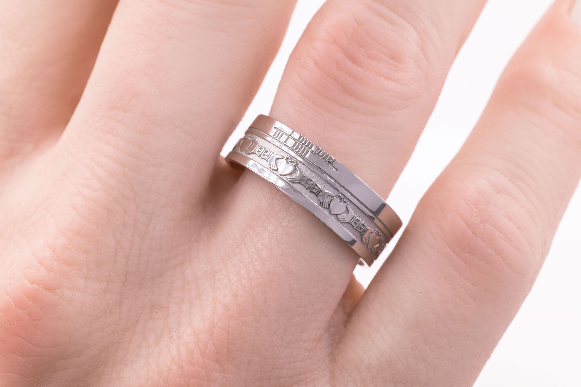Real Platinum 950 Ogham 7.3mm Ring With a Florentine Finish - Model Photo
