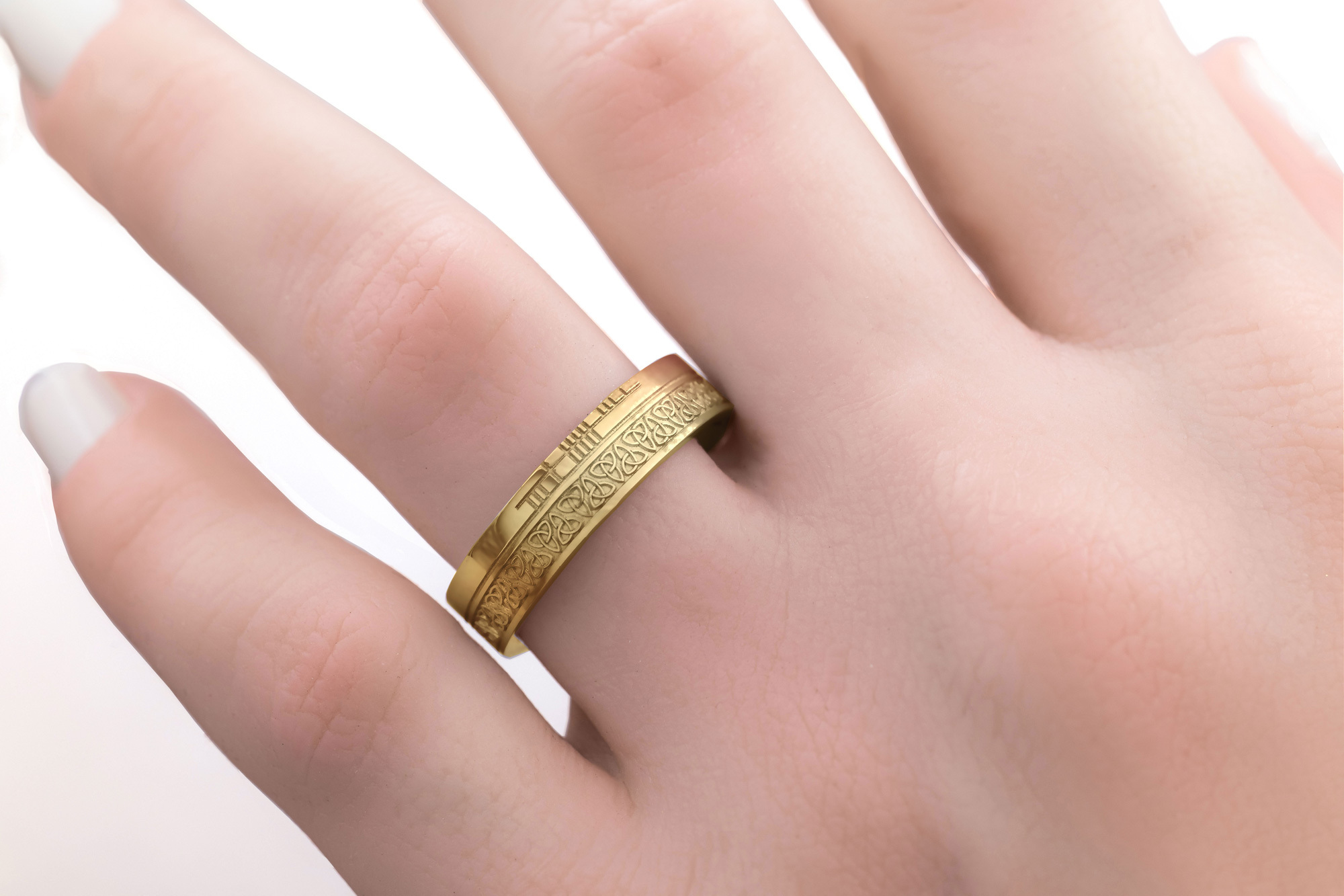 Attractive 14K Yellow Gold Ogham & Trinity Knot 7.3mm Ring With a Florentine Finish - Model Photo