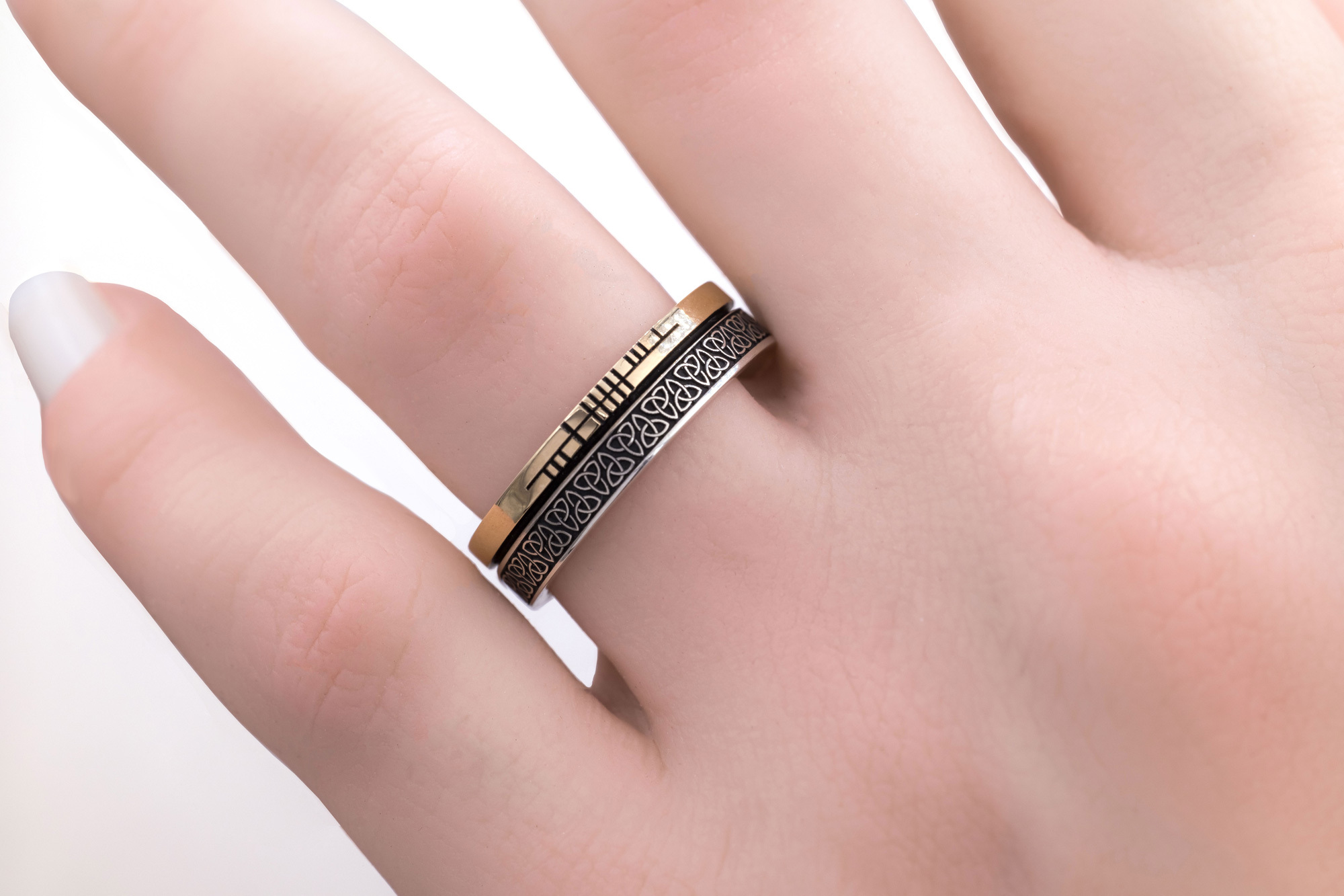 Oxidized Sterling Silver & 10K Yellow Gold Ogham & Trinity Knot 7.3mm Ring - Model Photo