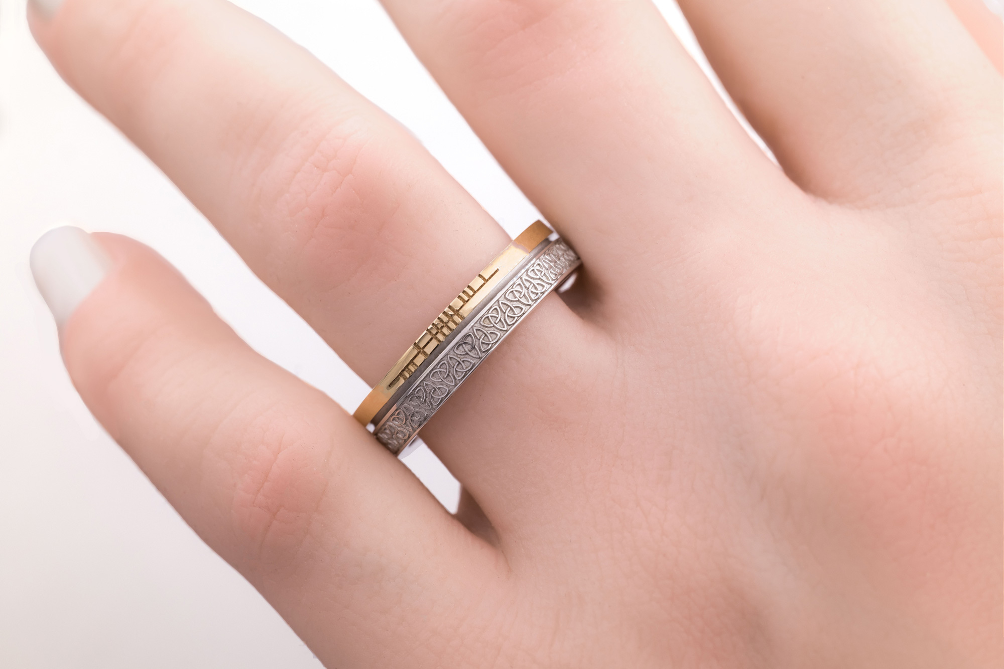 Florentine White Gold & Yellow Gold Ogham Wedding Ring - Model Photo