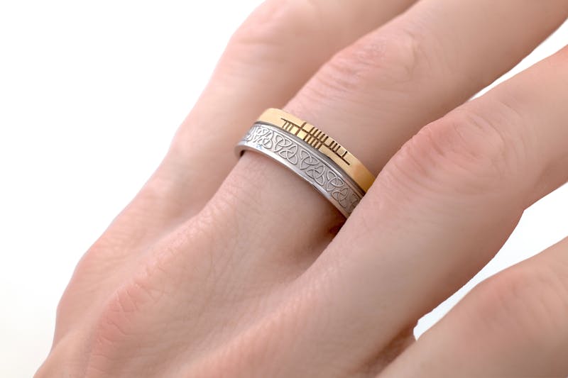 Florentine Ogham 7.3mm Ring in Real 10K White Gold & Yellow Gold - Model Photo