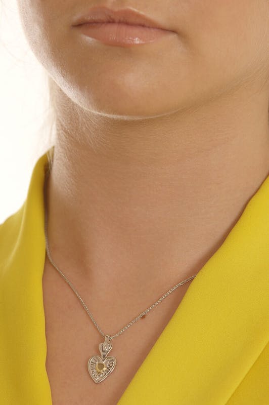 Authentic Sterling Silver & Yellow Gold Mo Anam Cara & Gaelic Necklace For Women - Model Photo