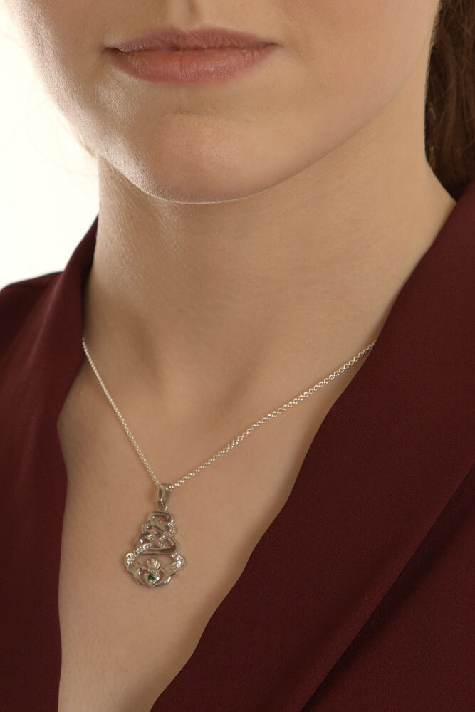 Real 9K White Gold Claddagh Necklace For Women - Model Photo