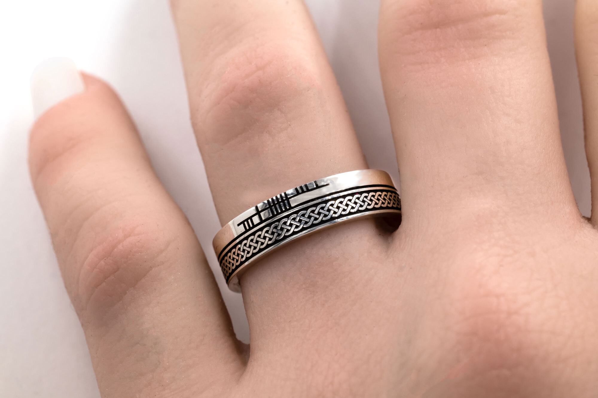 Genuine Sterling Silver Ogham 7.3mm Ring With a Oxidised Finish - Model Photo