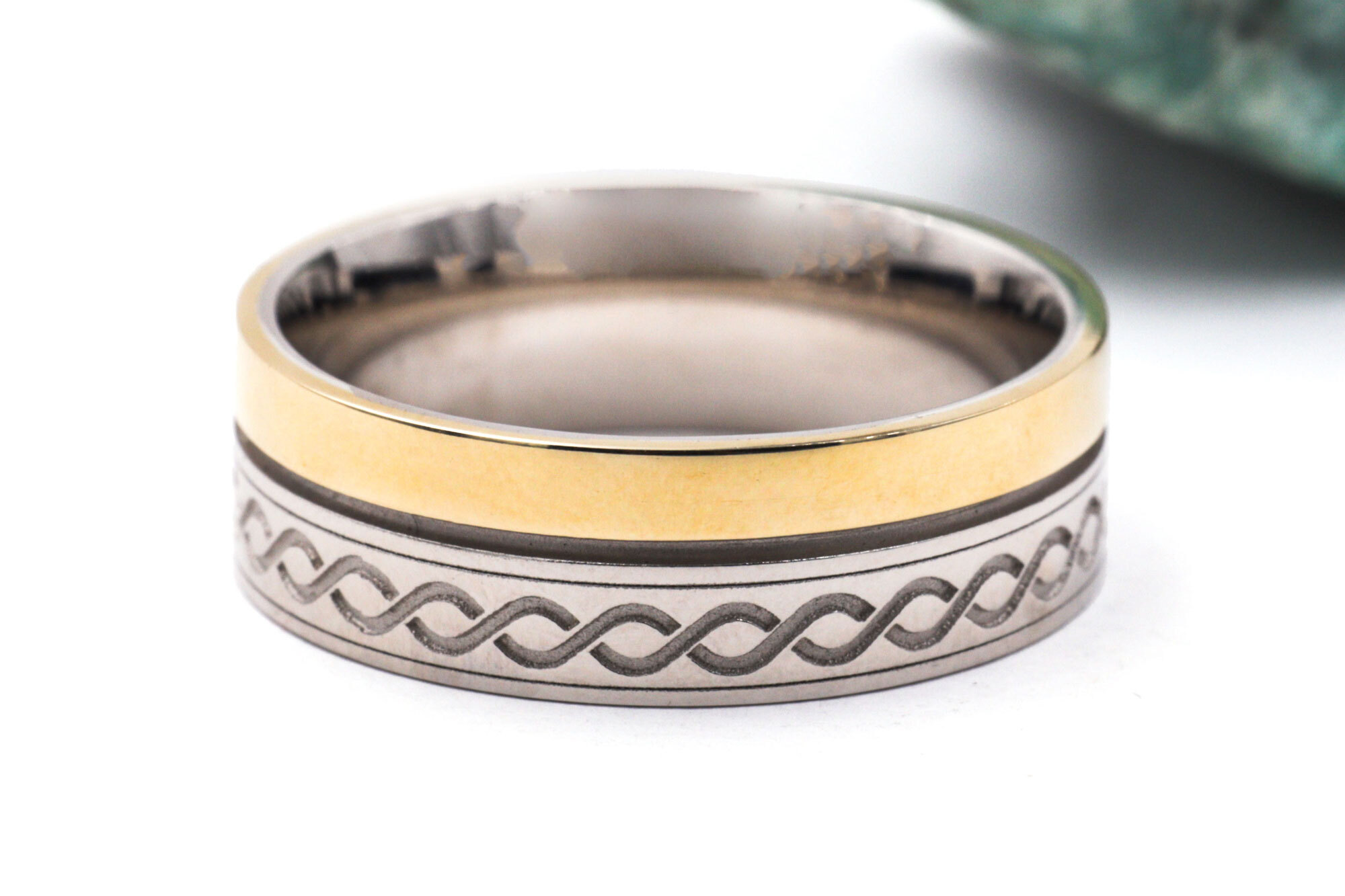 Authentic 14K White Gold & Yellow Gold Ogham & Celtic Knot 7.3mm Ring With a Florentine Finish